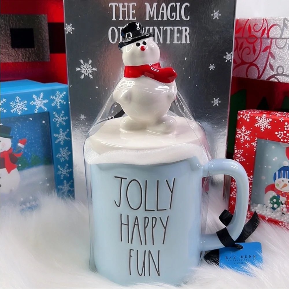 Rae Dunn‎ Jolly Happy Fun Frosty Mug Cup With Frosty The Snowman Hat Topper